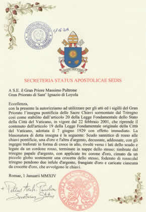 Gran Priorato di Sant´Ignazio di Loyola – autorizzazione papale della Santa Sede del Vaticano